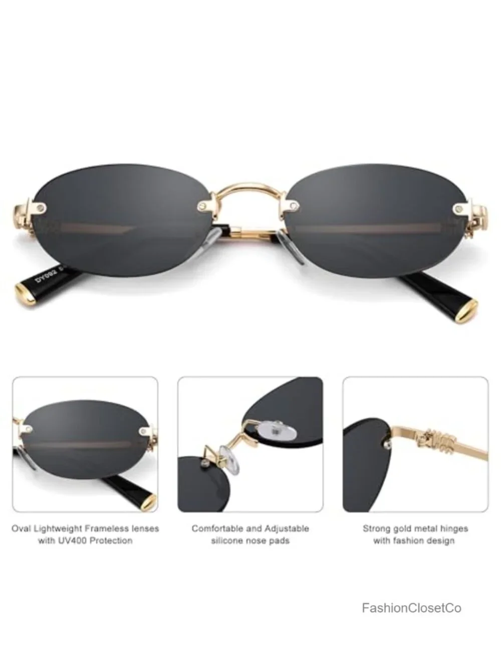 Retro Oval Rimless Sunglasses UV400 Gold Metal Frame Vintage Unisex